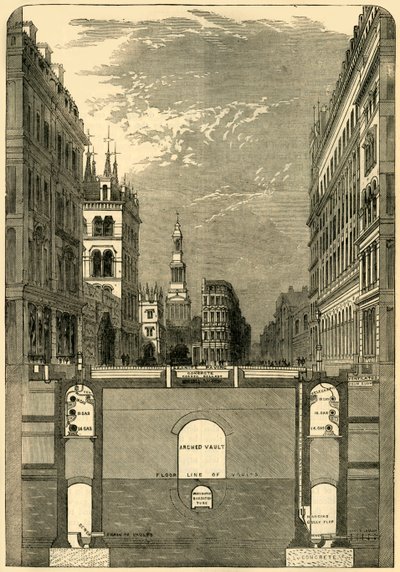 Sectie van het Holborn Viaduct, met de ondergrondse gangen, ca. 1876 door Unbekannt