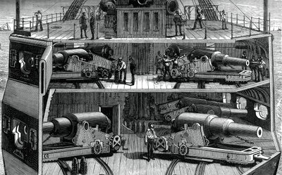 Doorsnede van batterijen in het gepantserde fregat Alexandra, ca. 1880 door Unbekannt