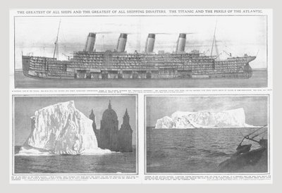 Sectiediagram van de Titanic en ijsbergen door Unbekannt