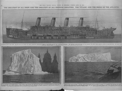 Sectiediagram van de Titanic, en ijsbergen, 20 april 1912 door Unbekannt