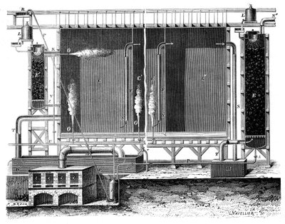 Doorsnede van Gay-Lussacs loodkamers en absorptietorens, 1870 door Unbekannt