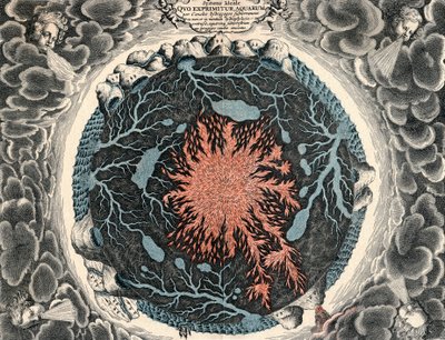 Doorsnede van de aarde, met centraal vuur en ondergrondse kanalen verbonden met oceanen, 1665 door Unbekannt