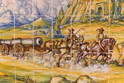 Segovia, Segovia Provincie, Spanje. Moderne keramische tegel schilderij van 16e eeuws artilleriestuk getrokken door paarden. door Unbekannt
