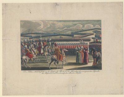Selim III, Sultan van de Turken, verwelkomd bij zijn nieuwe infanteriereview op het platteland door Unbekannt