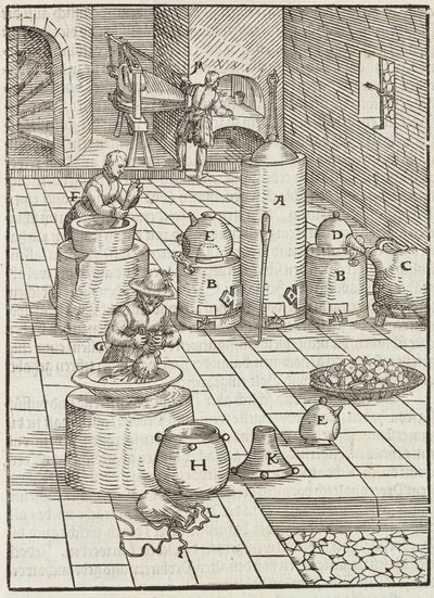 Scheiding van goud- en kwikertsen - Gravure uit Beschrijving van mineralen en de belangrijkste mijnbouwmethoden, van Lazarus Ecker door Unbekannt