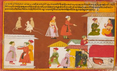 Dienaar beschermt het huis waar een koning dood ligt, uit een Pancha Tantra-manuscript, midden 18e eeuw door Unbekannt