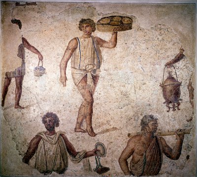 Dienaren of slaven die voorbereidingen treffen voor een feest, mozaïek, Carthago, 2e eeuw door Unbekannt