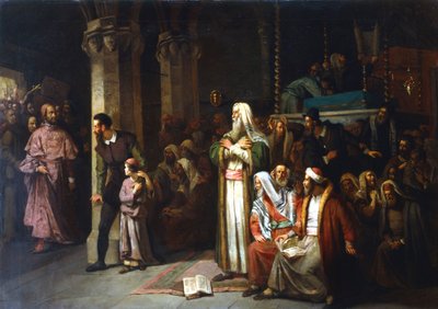 Dienst in de synagoge tijdens het lezen uit de Thora, 1868 door Unbekannt