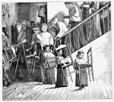 Shaker-gemeenschap gaat dineren, elk met hun eigen Shaker-stoel, New York State, 1870 door Unbekannt