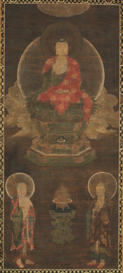 Shakyamuni Triade: Boeddha bijgestaan door Manjushri en Samantabhadra Boeddha, late 1300s door Unbekannt