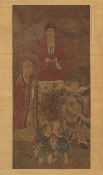 Shakyamuni met luohan, hemelse koning en jongens, begin 17e eeuw door Unbekannt