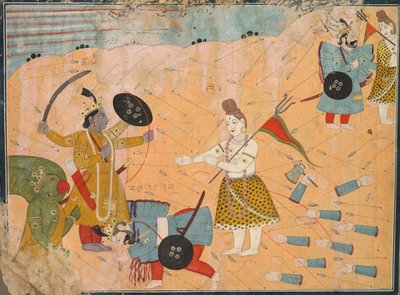 Shiva bemiddelt voor Vanasura: Scène uit de Aniruddha Usha Sectie van Krishna Lila, ca. 1840 door Unbekannt