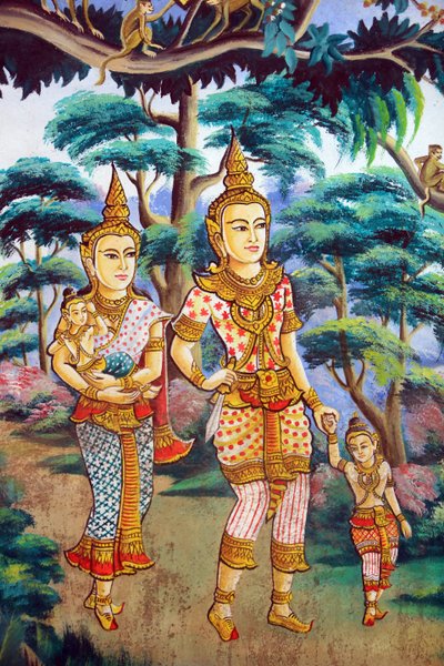 Siddhartha Gautama, zijn vrouw Yashodhara en zijn zoon Rahula. Schilderij dat het levensverhaal van Shakyamuni Boeddha afbeeldt. Wat Naxai. Vientiane. Laos, 20151106, Vientiane, Laos door Unbekannt