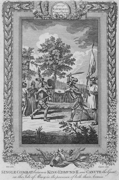 Enkelgevecht tussen koning Edmund II en Knoet de Grote op het eiland Abney, 1787 door Unbekannt
