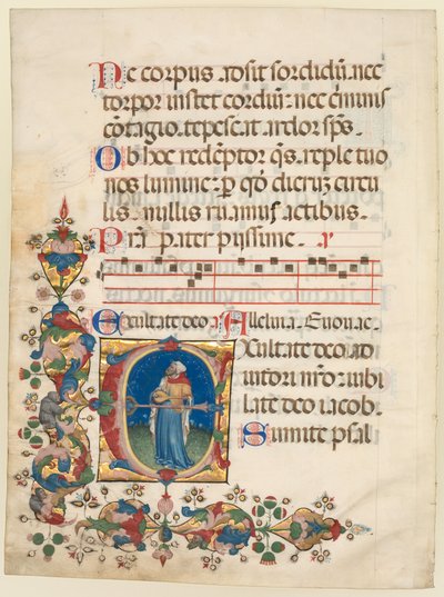 Enkel Blad Uitgesneden uit een Koorpsalter: Initiaal E[xultate Deo] met Koning David die speelt, ca. 1408 door Unbekannt
