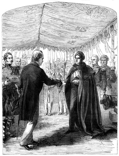 Sir Walter Scott presenteert het Kruis van Sint-Andreas aan koning George IV, 1822 door Unbekannt