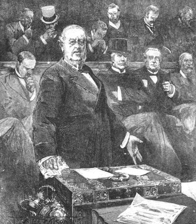 Sir William Harcourt kondigt het ontslag aan van de regering van Lord Rosebery, 1895, 1901 door Unbekannt
