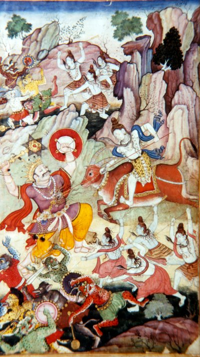 Siva vernietigt de demon en Haka, Harivamsa-manuscript, Mughal School door Unbekannt