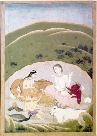 Siva en Parvati met hun kinderen, Ganesh en Karttikgya op de berg Kailash, ca. 1745 door Unbekannt