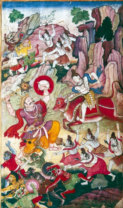 Siva vernietigt de demon Andhaka, Harivamsa-manuscript, Mughul, ca. 1590 door Unbekannt