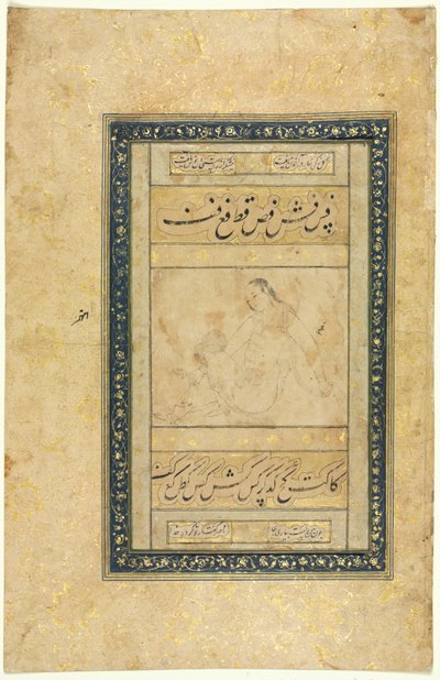 Schets van een jonge man, enkele pagina, illustratie en tekst Perzische verzen, 1630-1650 door Unbekannt
