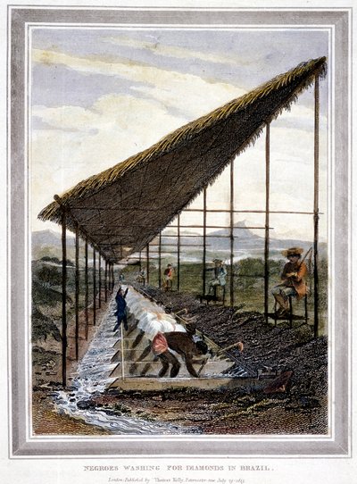 Slaven wassen diamanten onder toezicht van opzichters met zwepen, Brazilië, 1815 door Unbekannt