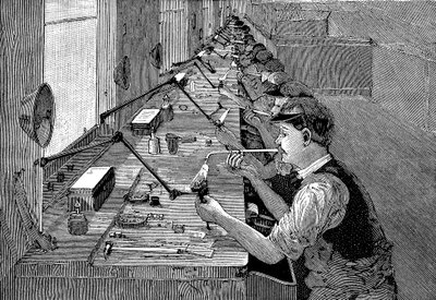 Soldeerwerk aan fietsonderdelen in een Amerikaanse fabriek, ca. 1900 door Unbekannt