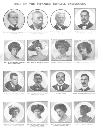 Enkele van de opmerkelijke passagiers van de Titanic, 20 april 1912 door Unbekannt