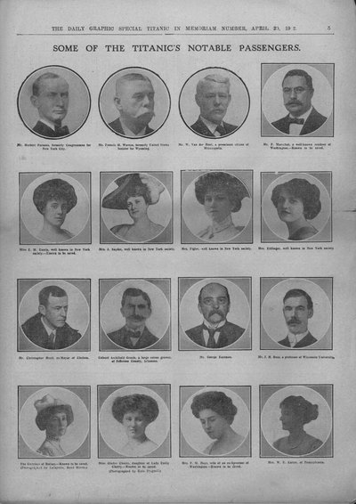 Enkele van de opmerkelijke passagiers van de Titanic, 20 april 1912 door Unbekannt