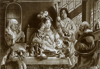 Sopraanblokfluiten en doedelzakken, Brusselse gobelin ontworpen door Jacobus Jordaens, 1948 door Unbekannt