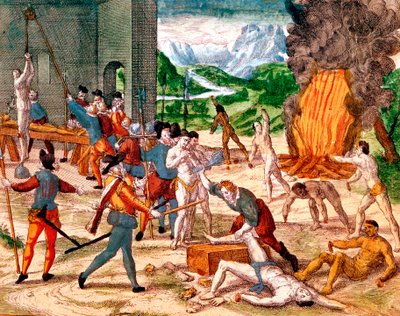 Spaanse conquistadores martelen Amerikaanse indianen, 1539-1542 door Unbekannt