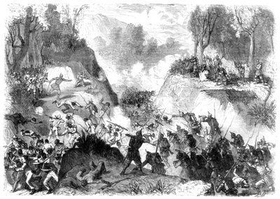 Spaanse troepen vechten tegen de mensen van Santo Domingo, in de pas van Monte Christi, 1864 door Unbekannt