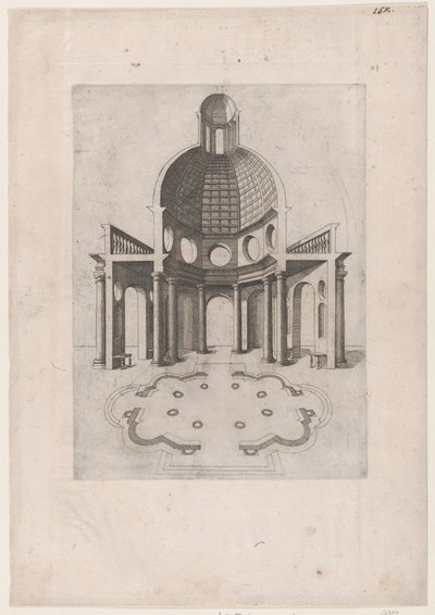 Speculum Romanae Magnificentiae: Interieur en plattegrond van een achthoekige tempel, ..., 16e eeuw door Unbekannt