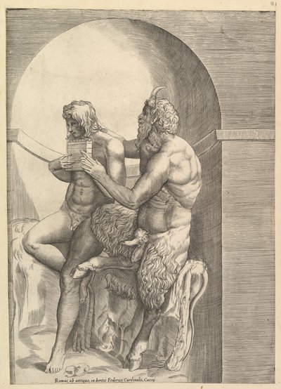 Speculum Romanae Magnificentiae: Pan leert de jonge Olympus fluit spelen door Unbekannt