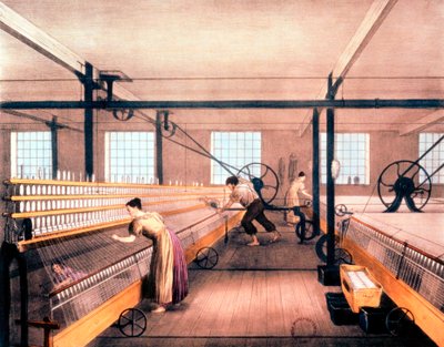 Katoen spinnen met zelfwerkende muilezels van het type bedacht door Richard Roberts in 1825, ca. 1835 door Unbekannt