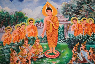 Verspreiding van de Dharma. Leven van Boeddha. Plafondkunstwerk dat het leven van Boeddha afbeeldt. Wat Inpeng. Vientiane. Laos, 20151029, Vientiane, Laos door Unbekannt