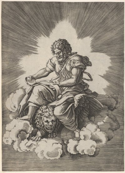 St. Marcus, zittend met een uitgerolde rol in zijn handen, een gevleugelde leeuwenkop en voorpoten, na 1518 door Unbekannt