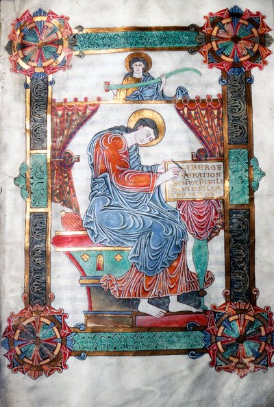 St. Matteüs schrijft zijn evangelie, Angelsaksisch werk, ca. 1062-65 door Unbekannt
