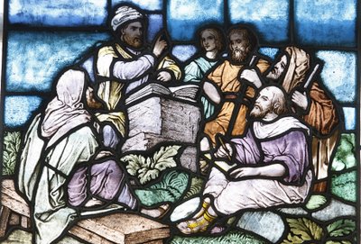 Glas-in-lood: Abraham die de Tora bestudeert met het volk van Israël, Boedapest, Hongarije door Unbekannt