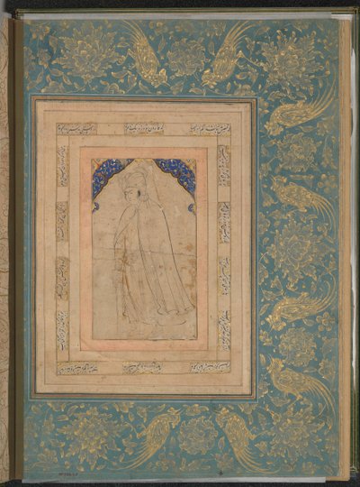 Staande jongeman in een cape, folio uit het Bellini-album, laat 16e eeuw door Unbekannt