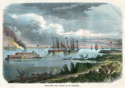 Stoomschip en sleepboot op de Mississippi, VS, ca. 1875 door Unbekannt