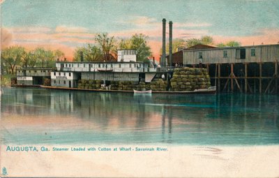 Stoomboot geladen met katoen aan een kade, Savannah River, Augusta, Georgia, 1908 door Unbekannt