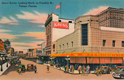 Straatscène, kijkend naar het noorden op Franklin St., Tampa, Florida, ca. 1940s door Unbekannt