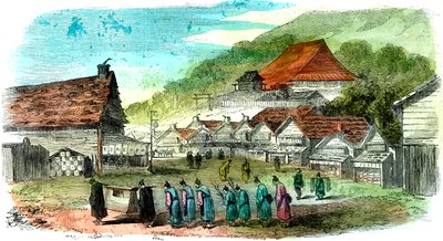 Straat in Hakodate en begrafenisstoet, Japan, 1856 door Unbekannt