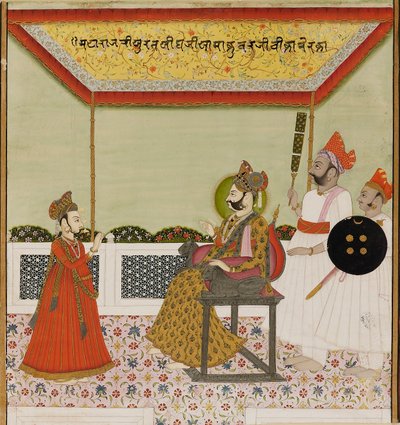 Surat Singh zit op een leeuwenarmige troon en ontvangt zijn jonge zoon, ca. 1800 door Unbekannt