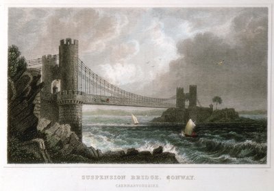 Hangbrug over de Conwy-estuarium, Wales, ca. 1840 door Unbekannt