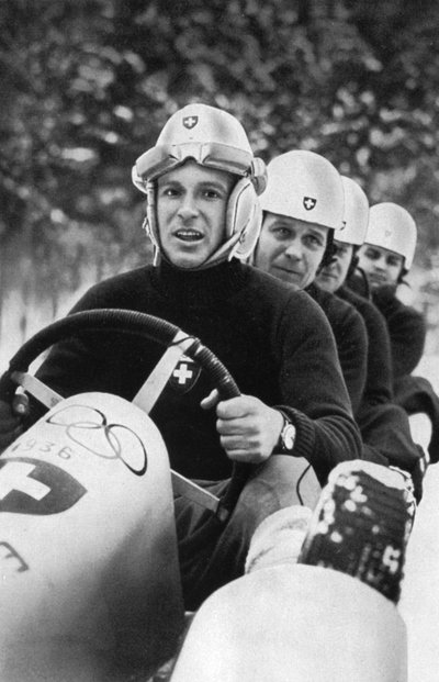 Zwitserse viermans bobslee team, Winterspelen, Garmisch-Partenkirchen, Duitsland, 1936 door Unbekannt