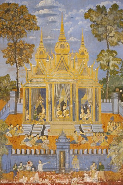 Zilveren Pagode Deze muurschildering toont scènes uit de Reamker, de Cambodjaanse of Khmer versie van het klassieke Hindoe-epos Ramayana, Phnom Penh, Cambodja door Unbekannt
