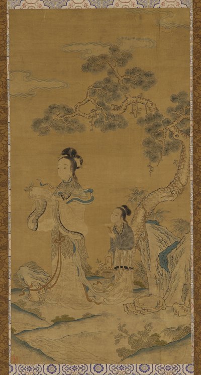 Wandtapijt: een Daoïstische vrouwelijke Onsterfelijke en bediende onder een den, Ming-dynastie, 1368-1644 door Unbekannt