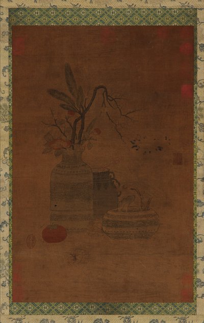Wandtapijt: een kom, twee potten, bloemen en fruit, Mogelijk Ming dynastie, 1368-1644 door Unbekannt